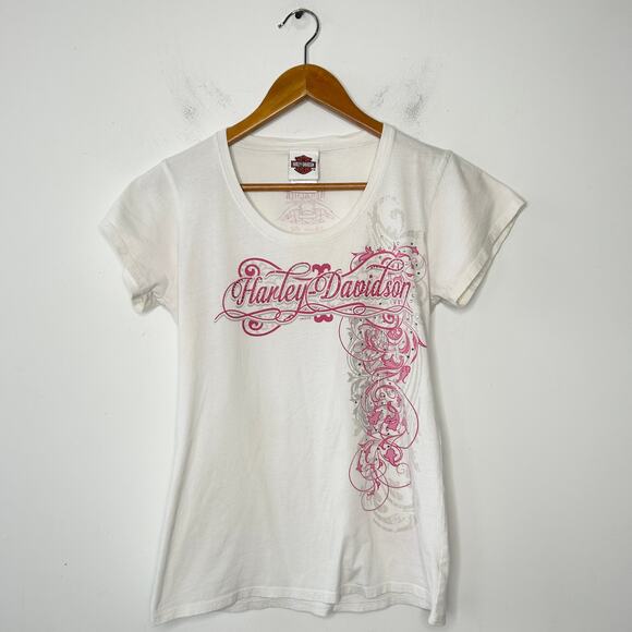 HARLEY DAVIDSON 2013 Graphic Tee Womens Size Medium Pink Rhinestone Winchester - Picture 2 of 9
